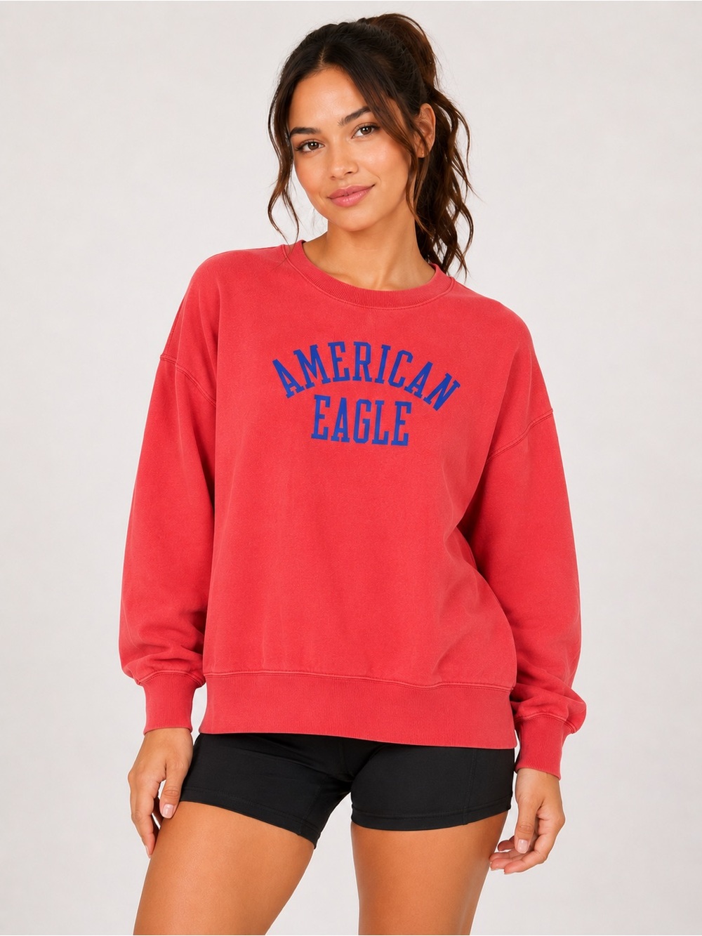 American Eagle Outfitters Coral Red Crewneck Sweatshirt with Blue Logo